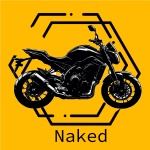 Motocicleta negra de estilo naked sobre fondo amarillo con la palabra "Naked".