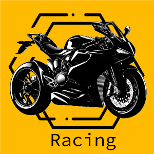 Moto deportiva negra sobre un fondo amarillo con el texto "Racing" debajo.