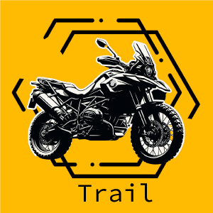 Motocicleta de aventura en un fondo amarillo con el texto "Trail".