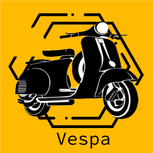 Scooter Vespa de diseño clásico sobre fondo amarillo.