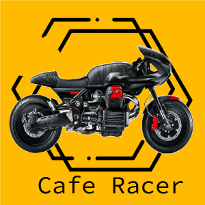 Moto deportiva estilo café racer sobre fondo amarillo con diseño geométrico.