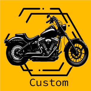 Motocicleta personalizada negra sobre fondo amarillo con el texto "Custom".